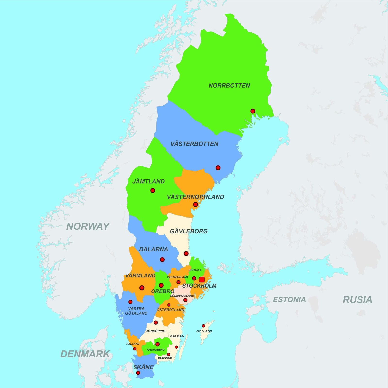Mapa de los condados de Suecia, con Estocolmo marcado en la costa este